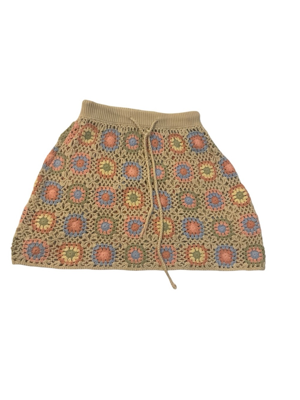 Ghanda Crochet Mini Skirt in Beige with Pink, Blue & Yellow Motifs